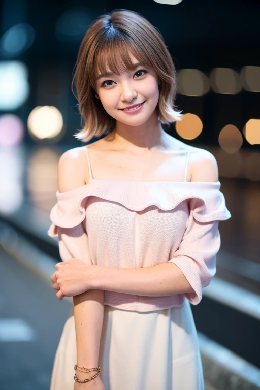 1girl, (wearing a pink off-shoulder knit top:1.2),(RAW photo, best quality), (realistic, photo-realistic:1.4), masterpiece, an extremely delicate and beautiful, extremely detailed, 2k wallpaper, Amazing, finely detail, extremely detailed CG unity 8k wallpaper, ultra-detailed, highres, soft light, beautiful detailed girl, extremely detailed eyes and face, beautiful detailed nose, beautiful detailed eyes,(cinematic lighting:1.4),(in the city at night:2.0),perfect anatomy,(slender body:1.2),(close up face:1.8),(gentle smile,Friendly, warm:2.0),(looking at viewer:1.8),(japanese idol:1.8),(wavy light brown short hair:1.6), (brown eyes:1.8),(standing and posing:2.0),<lora:oohashiayaka_lora-10:0.8>