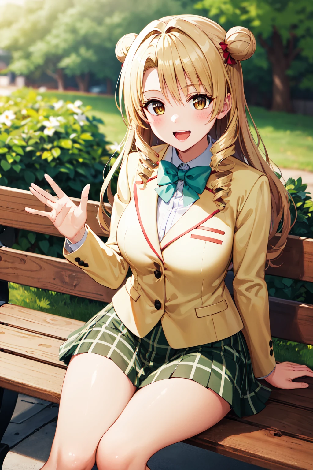 ((masterpiece)), Highest quality, Very detailed,(One Girl),Kotegawa Yui、 Long Hair,Beautiful background ,Clothing, chest, Bent body,Lie in, Look to the side, Worried face, Female genitals in full view, Drunk look, Hot body、Sweaty、Spread your legs、Opening the vagina with your fingers、Female genitalia seen deep inside、 Browsing Caution、I'm being cuckolded、yellow blazer, long sleeves, green bowtie, plaid miniskirt, green miniskirt, socks, loafers、In the heat、One boy、他人のchestを掴む、Sitting on a seated man, Later, the man inserted、Heterosexual, (((reverse upright straddle)))、(((chestを揉む)))、(((Sex with a man))), (((Big penis in vagina)))、(((Intense piston movement)))、Browsing Caution, (((Vaginal ejaculation)))、Sticking out tongue、(((Intense climax)))、(((Trembling Body)))、Landscape、(((Drooling)))、、