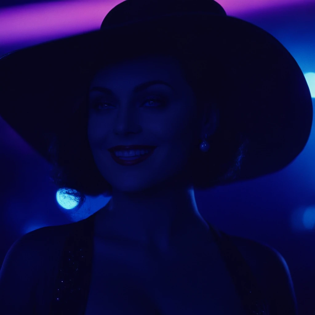 cinematic film still of <lora:Ultraviolet lighting Style:1> Ultraviolet lighting Style
<lora:Alcina Dimitrescu:1> Alcina Dimitrescu a portrait of a sexy woman with hat smiling at night club, shallow depth of field, vignette, highly detailed, high budget, bokeh, cinemascope, moody, epic, gorgeous, film grain, grainy