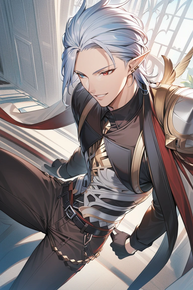 1boy, grmv, hair slicked back, heterochromia, pointy ears, blue eye, red eye, formal, collared red shirt, jacket on shoulders, chain belt, black gloves, pants, black legwear, ((high quality:1.2, masterpiece:1.2)), highly detail, dynamic angle, rating: general, happy, mile shoot, facing viewer, , full portrait, dynamic signal, mansion, <lora:GrimnirXLGBF-000020:1>