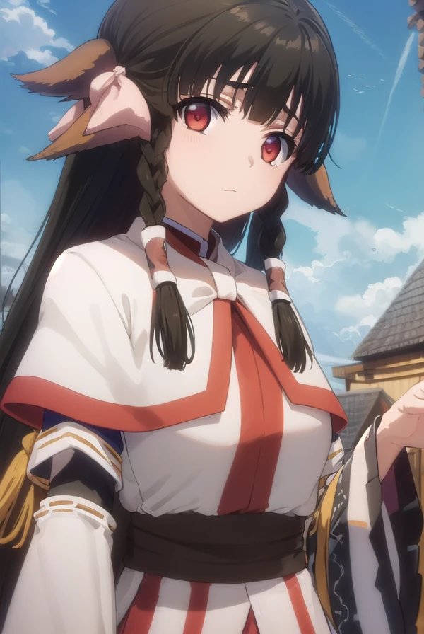 utawarerumonorurutie, <lora:utawarerumono rurutie s2-lora-nochekaiser:1>,
rurutie, long hair, bangs, black hair, animal ears, sidelocks, hair tubes, (red eyes:1.3), bow, hair bow, braid, twin braids,
BREAK long sleeves, tail, ainu clothes, capelet, wide sleeves,
BREAK outdoors,
BREAK looking at viewer, (cowboy shot:1.5),
BREAK <lyco:GoodHands-beta2:1>, (masterpiece:1.2), best quality, high resolution, unity 8k wallpaper, (illustration:0.8), (beautiful detailed eyes:1.6), extremely detailed face, perfect lighting, extremely detailed CG, (perfect hands, perfect anatomy),
