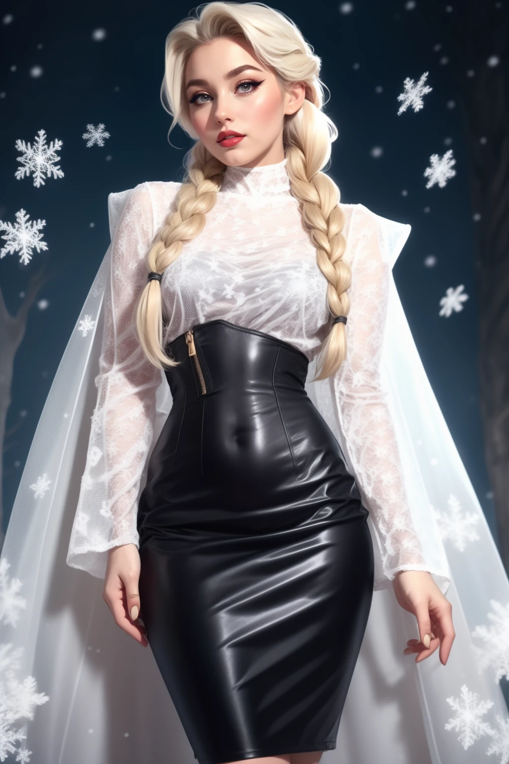 beautiful adult woman, age 30, elsa \(frozen\), ((blue silver theme)) gossamer cloak, (frost magic), (snowflakes), platinum blonde braid, standing, candid, best quality, high quality, high detail, 4k, 8k resolution, <lora:Outfit_HobbleMeshDress:0.8>,  [corset, zipper], dr3ss, pencil skirt, see-through, mesh shirt, breasts