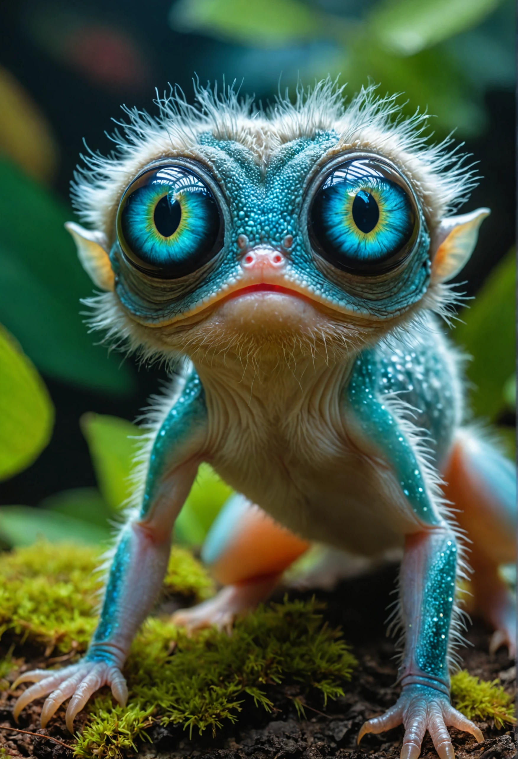 Majestic wildlife photography, astrobiology, a cute alien creature, furry, iridescent bioluminesence, giant eyes, unusual anatomy, kodachrome, retro scifi, ethereal, masterpiece, UHD, HDR10, Canon EOS R5