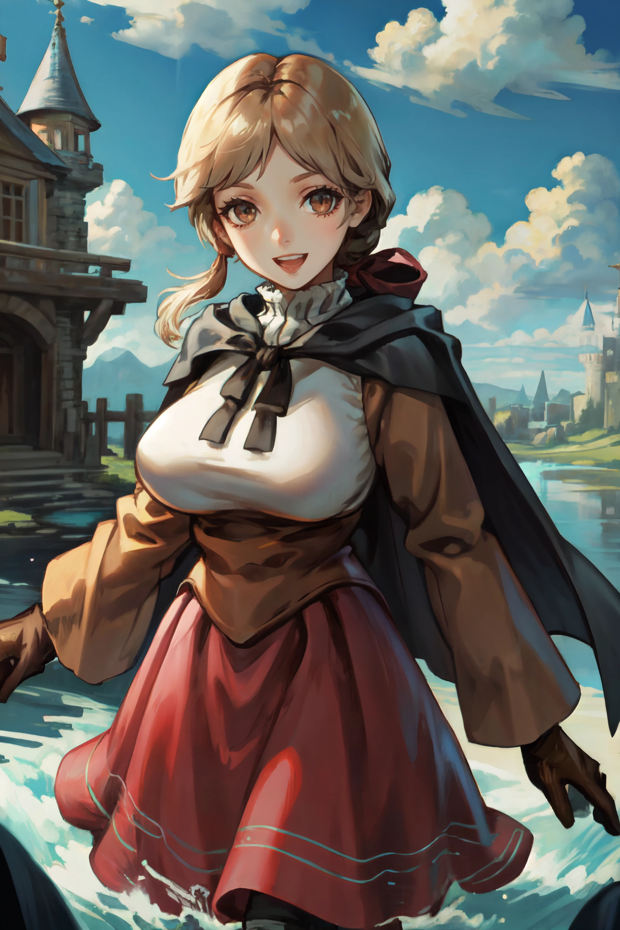 (masterpiece, best quality, ultra detailed, beautiful illustration), atmospheric perspective, depth of field, looking at viewer, beautiful detailed eyes, anime eyes:1.4, (cowboy shot), sexy pose, dynamic angle, (outdoors, castle, blue sky, clouds), 1girl, :d, (large breasts), <lora:FinalFantasy_AlmaBeoulve:0.9>, AlmaFFT, long hair, (low ponytail:1.2), brown eyes, ribbon, cape, blouse, long sleeves, (long skirt:1.2), gloves, boots,