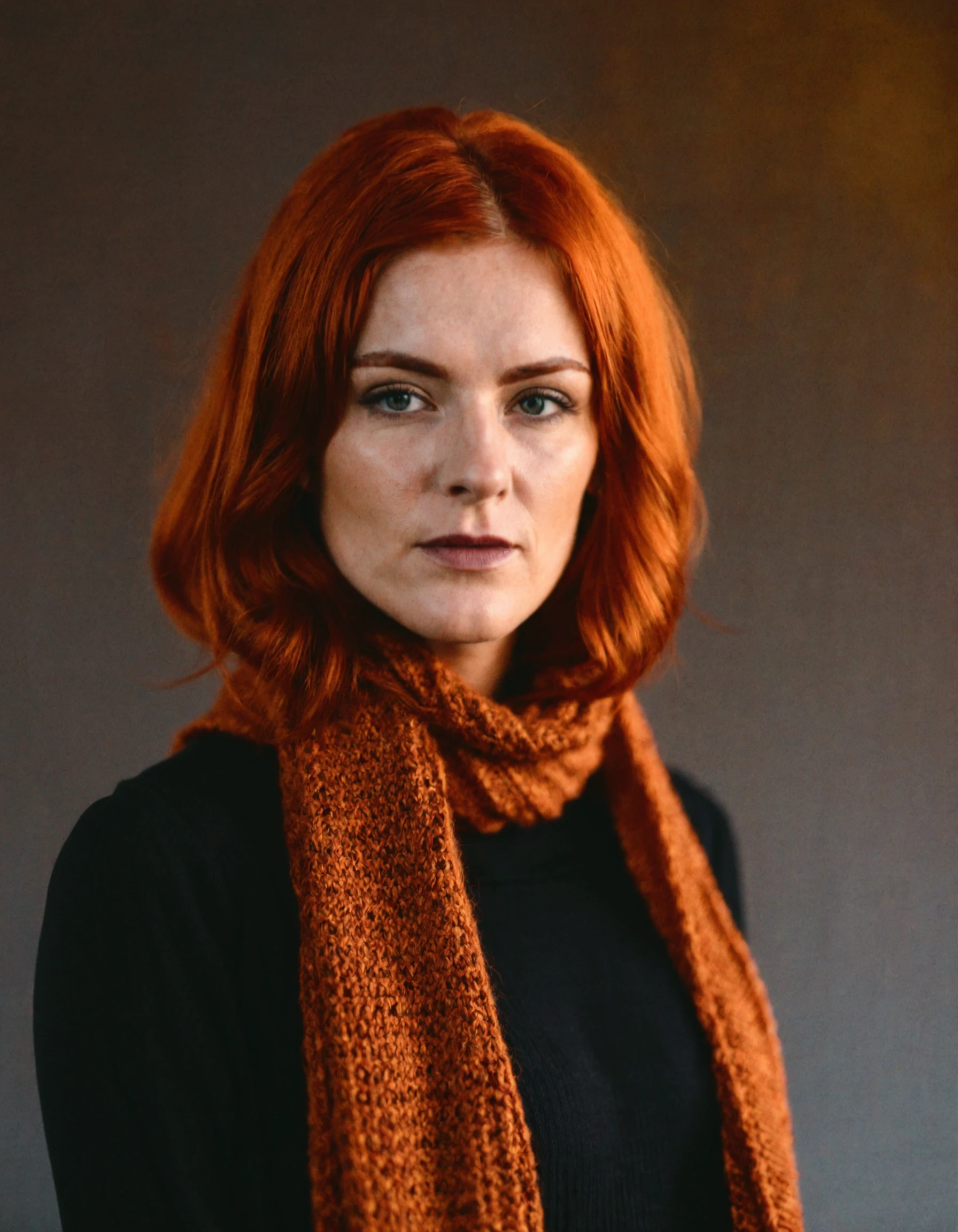 ftsy-gld, a character photo portrait of a Canadian woman with rust hair Showcasing a statement, oversized wool scarf over a sleek shift dress., a character portrait by Matej Sternen, pexels contest winner, tonalism, backlit portrait, portrait soft light, dramatic light on face