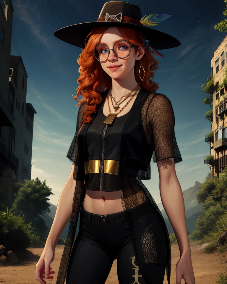 Mikaela, hat, small blue feather, orange hair, blue eyes, curly hair, round glasses, black vest, midriff, see-through jacket, black pants, necklace, earrings,looking at viewer, serious, worried, medium shot,  outside, field, corn maze, night time, fog, high quality, masterpiece, <lora:MikaelaReid-10DBDv8:.8>