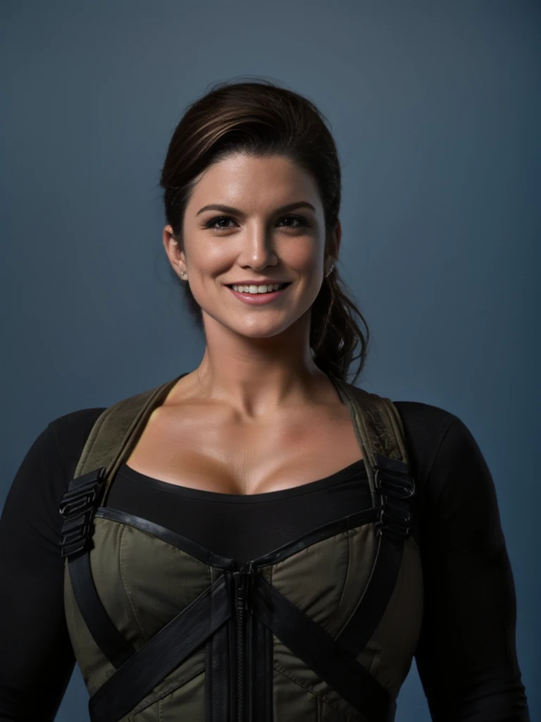 sci-fi portrait photo t-shirt, pants, conservative attire, Gina_Carano modeling portrait, posing for camera, MMA fighter, action scene Epic background, perfect teeth, great skin, brown hair, brown eyes, ifbb, huge breast, alluring, hair lights, rim lights, hallow depth of field, vignette, highly detailed, high budget Hollywood movie, bokeh, cinemascope, joyful, epic, gorgeous, film grain, grainy <lora:Gina_Carano:0.6>