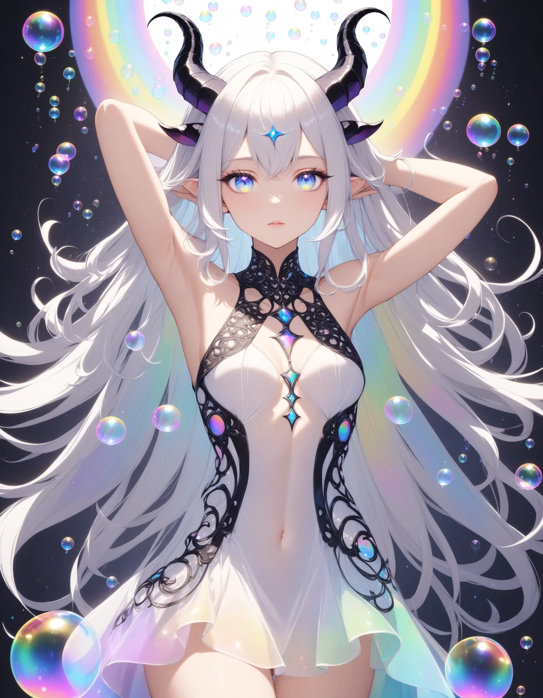 sexy girl, from the waist up, 1girl, adult, long iridescent long hair, rainbow colors,beautiful detailed eyes, symmetrical eyes, caucasian, collarbone, both hands up, armpits, iridescent horns, good posture, detailed white goth transparent dress with black decorations and shoulder straps, (very detailed background, highly detailed background), symmetrical, octane render, 35mm, bokeh, 9:16, (intricate details:1.12), (intricate details, hyperdetailed:1.15), (soft light, sharp:1.2), detailed, (backlighting), Succubus demon, (masterpiece, top quality, best quality, official art, beautiful and aesthetic:1.2), extremely detailed, colorful, highest detailed, clean facial features, upper body, (detailed light), (an extremely delicate and beautiful), a girl, cute & girly, upper body, two legs, sexy clothes inspired by clear bubbles, (beautiful detailed eyes), stars in the eyes, (((lots of big colorful Bubbles))), Iridescence, depth of field, bubbles around, flat color, vector art, negative space Alexander Jansson fantasy, (masterpiece, best quality, Succubus body), detailed background, high contrast, cinematic angle, cinematic lighting, masterpiece, best quality