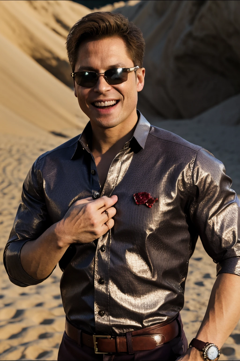 fullbody image of Johnny Cage,  international love pose,  man,  collared shirt,  full body,  sunglasses,  glint,  glint on sunglasses,  blood on face,  grin,  thunbs up,  simple background (arena with sand),  professional photography,  ultra sharp focus,  tetradic colors,  photorealistic,  photo r3al, 1,  well lit scene, johnny_cage_mk1,<lora:EMS-276104-EMS:0.800000>