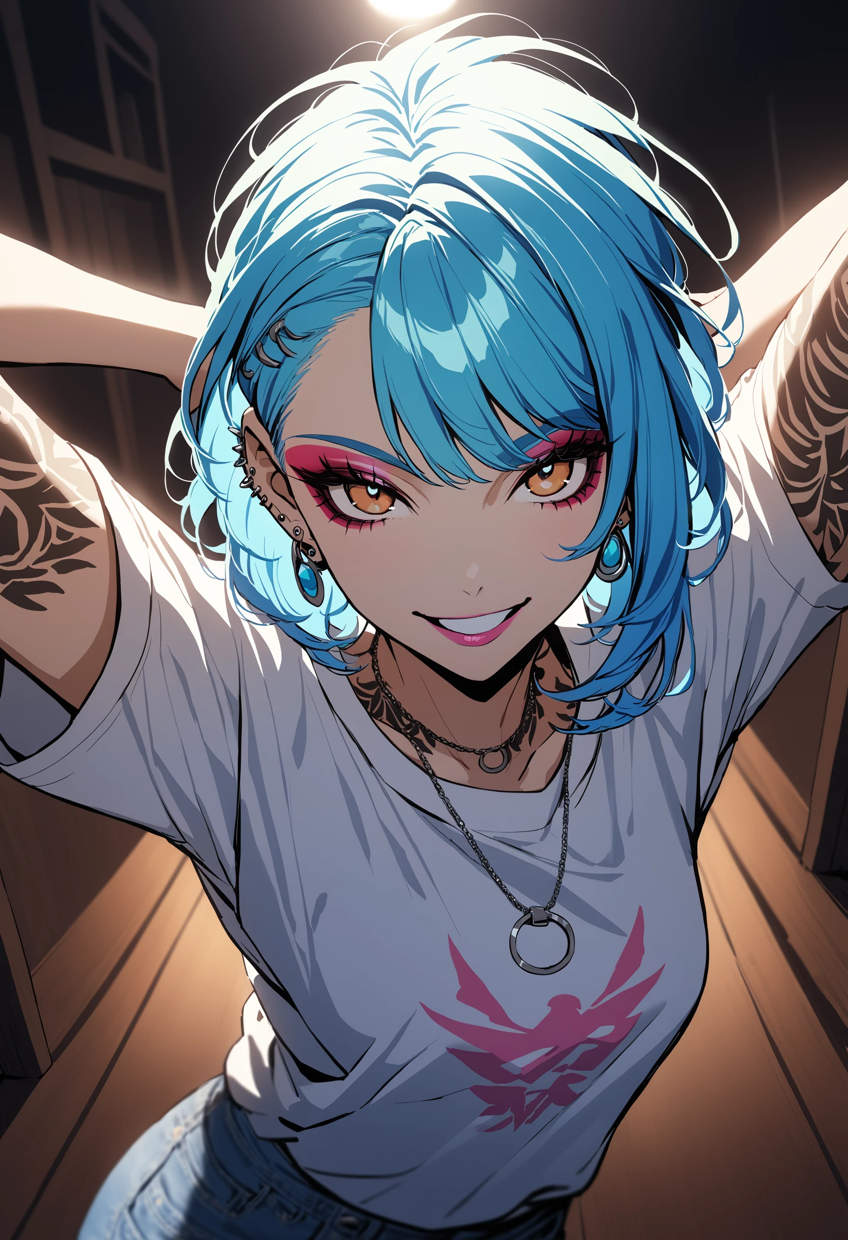1girl, Holo-Punk Style, aqua hair, arm tattoo, blue hair, brown eyes, earrings, eyelashes, grin, indoors, jewelry, lips, makeup, necklace, nose, piercing, shirt, short hair, short sleeves, smile, solo, t-shirt, tattoo, teeth, denim pants, white shirt, mohawk, arms behind head, cinematic angle, foreshortening, dark, dark background, cinematic lighting, masterpiece, best quality , <lora:HoloPunkXL:1>