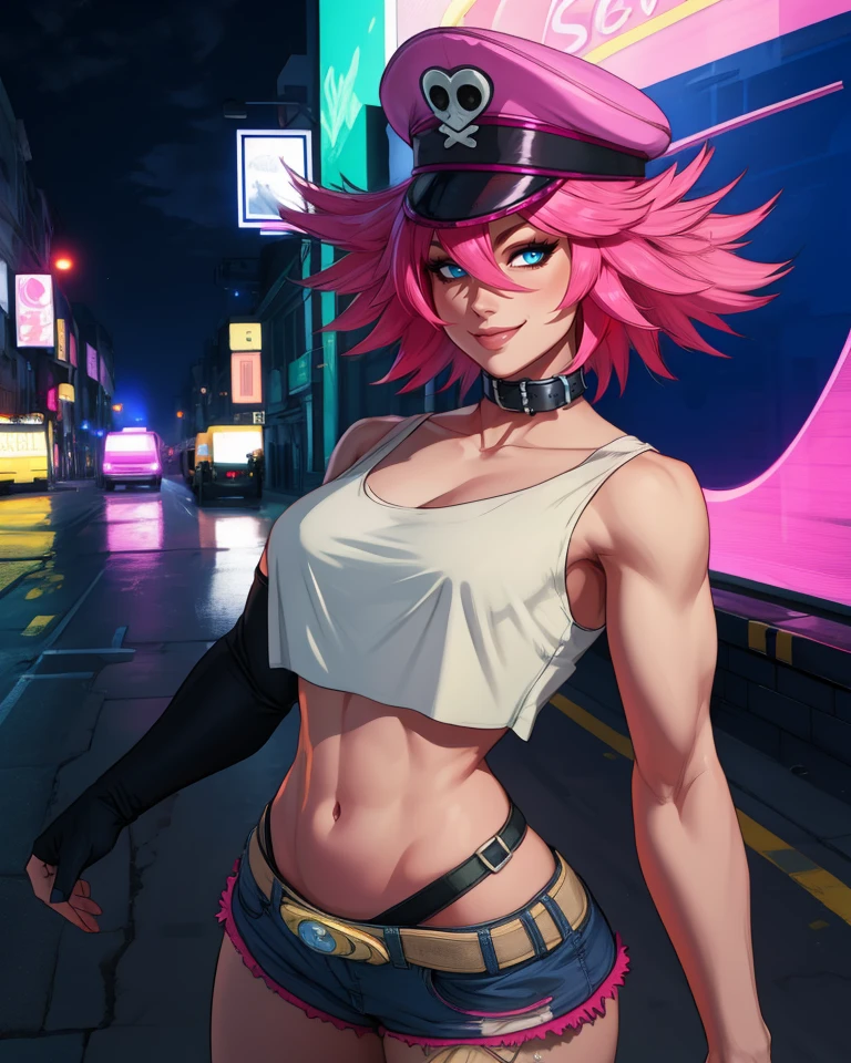 poison,pink hair,blue eyes,short hair,white crop top,single elbow glove,collar,short shorts,
peaked cap,
upper body,standing,smile,looking at viewer,
night,neon lights,streets,
(insanely detailed, masterpiece, best quality),solo,<lora:poisonSF5-10V8:0.8>,