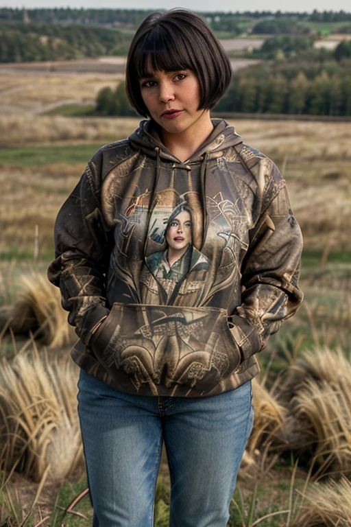americana, photo, stubby woman with [wide cheekbones:narrow jaw:.5]  standing on one leg,wearing a realpoly1 hoodie with jeans in a shortgrass prairie, bowl cut black hair <lora:realpoly1-05:.7>