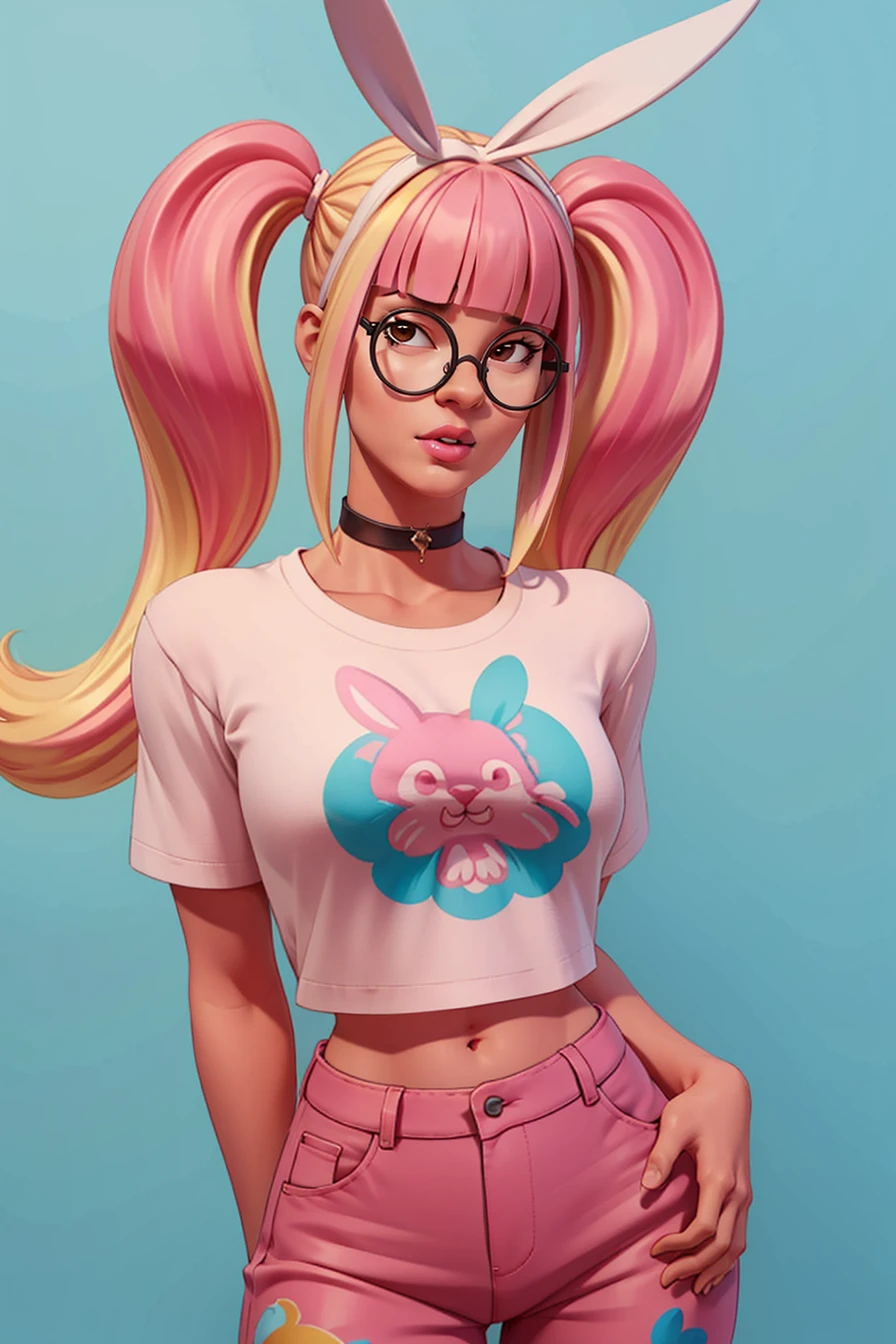 <lora:VRAMsLace:0.6> vramslace, 1girl, solo, long hair, looking at viewer, bangs, blonde hair, shirt, navel, animal ears, twintails, pink hair, multicolored hair, glasses, choker, midriff, pants, blunt bangs, rabbit ears, two-tone hair, lips, crop top, v, blue background, t-shirt, black-framed eyewear, print shirt