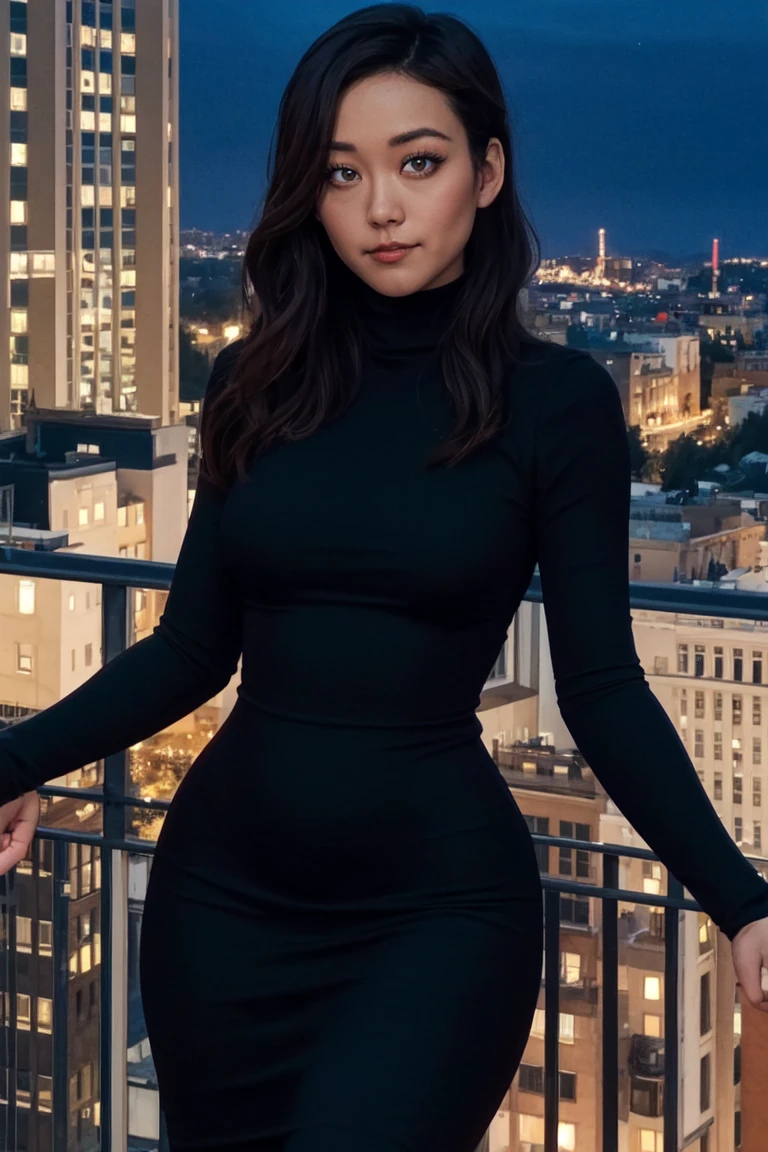<lora:mondongo_LoRA_KarenFukuhara:1> mndngwmn, (3/4 body), masterpiece,best quality,8k, wearing a turtleneck bodycon dress, on a balcony at night with city on background