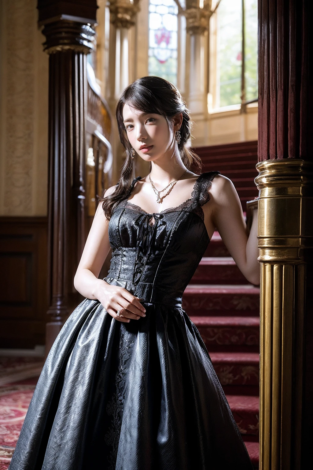 (realistic), (hyperrealism),best quality, masterpiece,ultra high res, (photorealistic:1),1girl,(looking at viewer), <lora:add_detail:0.5>,luxury gothic mansion,
long formal dress, stairs, earrings, banges, necklace,
(cowboy shot), <lora:makina69_kaedekaren_v1.0:1>