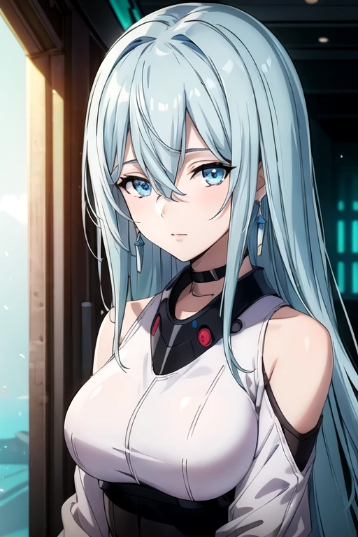 (best quality:1.1), (masterpiece:1.4), game cg, looking at viewer, upper body, depth of field, anime coloring, , 1girl, solo, <lora:schnee_synduality_noir:0.74>, schnee_synduality_noir, blue hair, blue eyes, , bangs, hair between eyes, , Shambhala: A hidden paradise where enlightened beings live in perfect harmony, High resolution