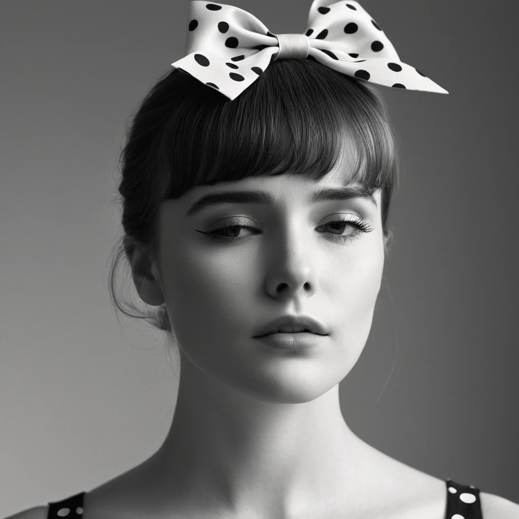 cinematic film still of <lora:High-key lighting Style:1>
bright light, bright, a woman with a hair clip on her head looking down High-key lighting Style,1girl,solo,short hair,bangs,simple background,white background,bow,closed mouth,monochrome,closed eyes,hair bow,greyscale,hair over one eye,lips,portrait,realistic,nose,polka dot bow, shallow depth of field, vignette, highly detailed, high budget, bokeh, cinemascope, moody, epic, gorgeous, film grain, grainy
