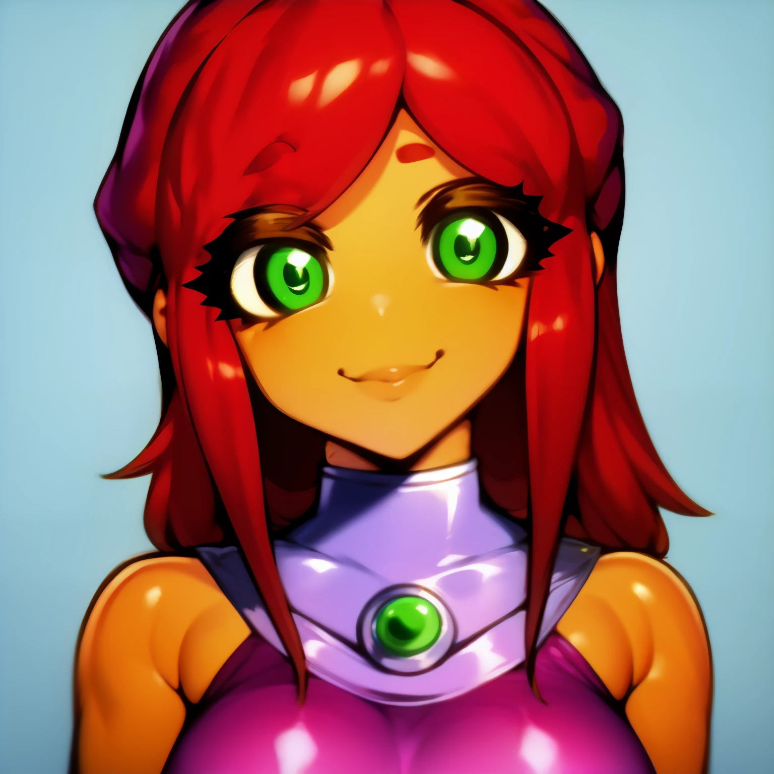 1girl, solo, portrait, close-up, masterpiece, best quality, high quality, highres, 4K, <lora:Juggertuul-000008:0.75@0,1@1>
<lora:StarfireTTDC_32dim:1> StarfireTTDC, starfire, silver gorget, jewel, green eyes, (red hair), long hair, bare shoulders, orange skin, smile,