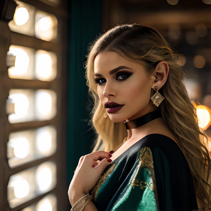 (masterpiece:1.2), (best quality,:1.2), 8k, HDR, ultra detailed, ((photorealistic)), professional light, cinematic lighting, fashion photography, ambient lighting, atmospheric effects, Jessa,<lora:Jessa-10:1>, choker, earrings, jewelry, dark makeup, long and messy hair, dynamic pose, ((portrait shot)), as elven sorceress, rpgelf, <lora:RPGElf:0.7>, wearing intricate robes, ((perfect hands)), epiCPhoto