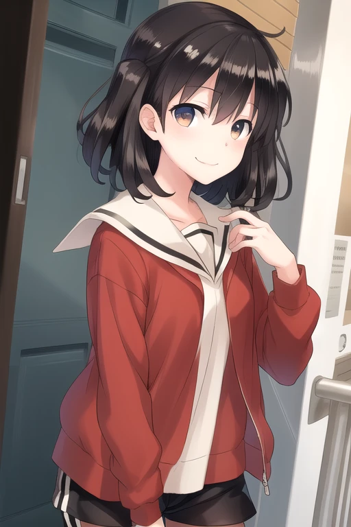 ((masterpiece)),(best quality),official art,extremely detailed CG,unity 8k wallpaper,ultra detailed,beautiful detailed eyes,extremely detailed face,1girl,solo,upper body,(portrait:1.2),looking at viewer,facing viewer,smile,black hair,short hair,bangs,brown eyes,red jacket,white sailor collar,white shirt,long sleeves,black shorts,short shorts,black pantyhose,pantyhose under shorts,sneakers,<lora:Takatoo Rin(ka)>,