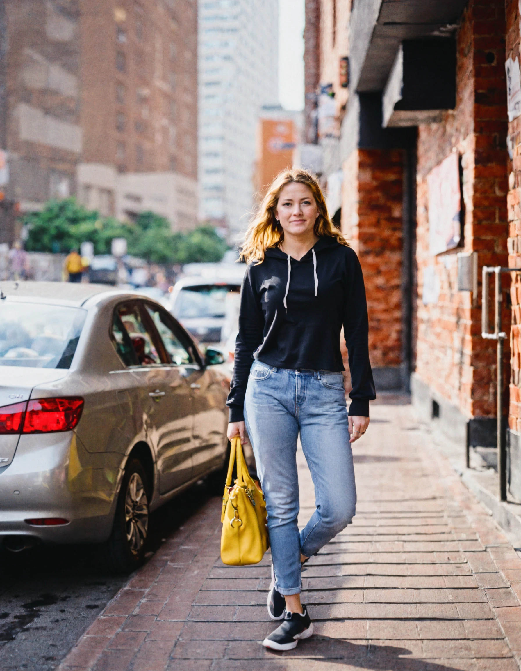 ftsy-gld, A young woman in her early twenties is walking down a busy street in the heart of a bustling city. She's wearing skinny jeans and a fitted t-shirt with a hoodie tied around her waist. Her hair is styled in loose waves, and she's carrying a designer handbag. The skyscrapers loom overhead, casting shadows on the sidewalk below. Cars honk as they navigate through traffic, and people hurry past her, chatting on their cell phones or listening to music on their iPods. She stops at a trendy coffee shop with exposed brick walls and wooden tables. A group of friends are gathered inside, sipping lattes and chatting animatedly. The woman orders a latte and sits down with them, laughing and catching up on the latest gossip. Afterward, she heads to a yoga class in a sleek studio with mirrored walls and state-of-the-art equipment. She stretches and meditates, feeling centered and focused. Later that evening, she meets her boyfriend at a hip restaurant for dinner. The menu features organic, locally sourced ingredients, and the decor is chic and modern. They share plates of artisanal cheese and charcuterie, savoring each bite. After dinner, they head to a rooftop bar with panoramic views of the city skyline. They sip cocktails and watch the sunset, feeling grateful for their lives in the 2000s.