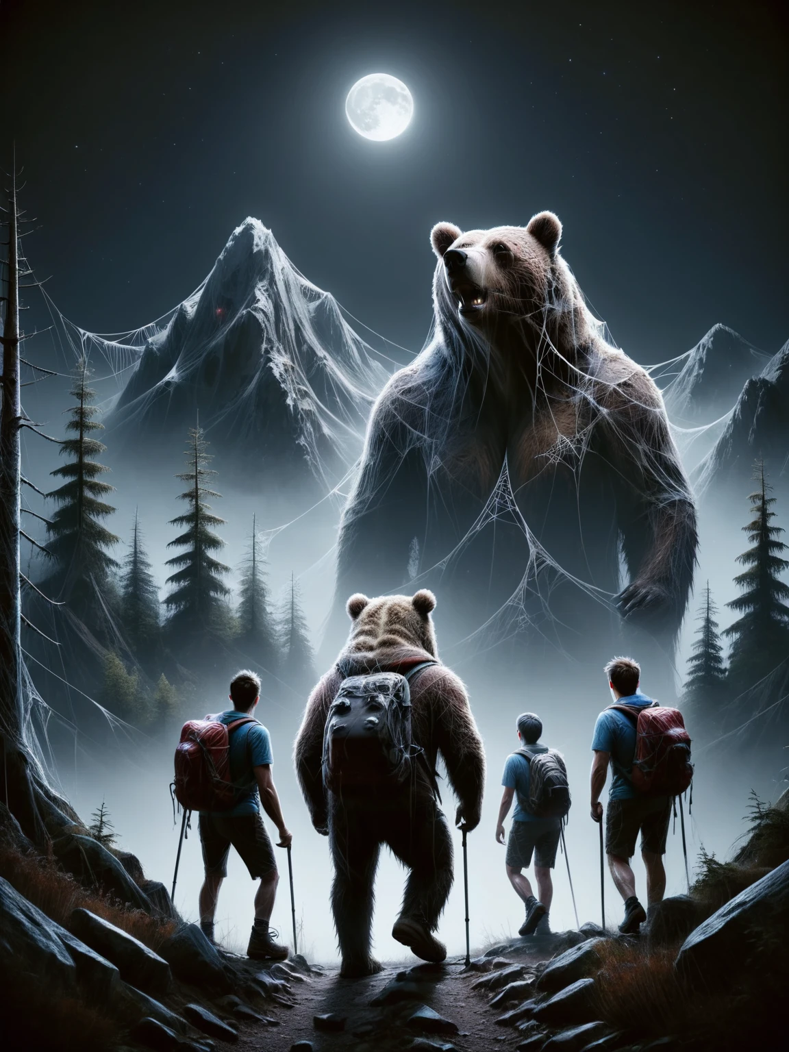 A group of friends, hiking on an adventurous mountain trail, encountering a sinister ais-webz bear on a dark moonlit night <lora:Cobweb_Style_SDXL:1>