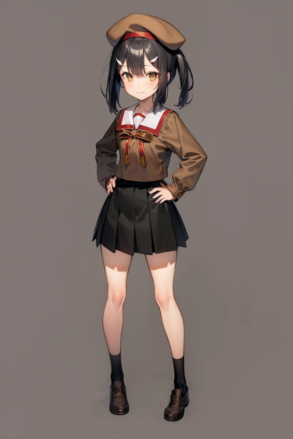 masterpiece, best quality, 1girl, miyuschoolb, black hair, brown eyes, hairclip, beret, brown school uniform, skirt, black socks, shoes, smile, hands on hips, full body, looking at viewer, solo, standing,  simple background <lora:MiyuEdelfelt:1>