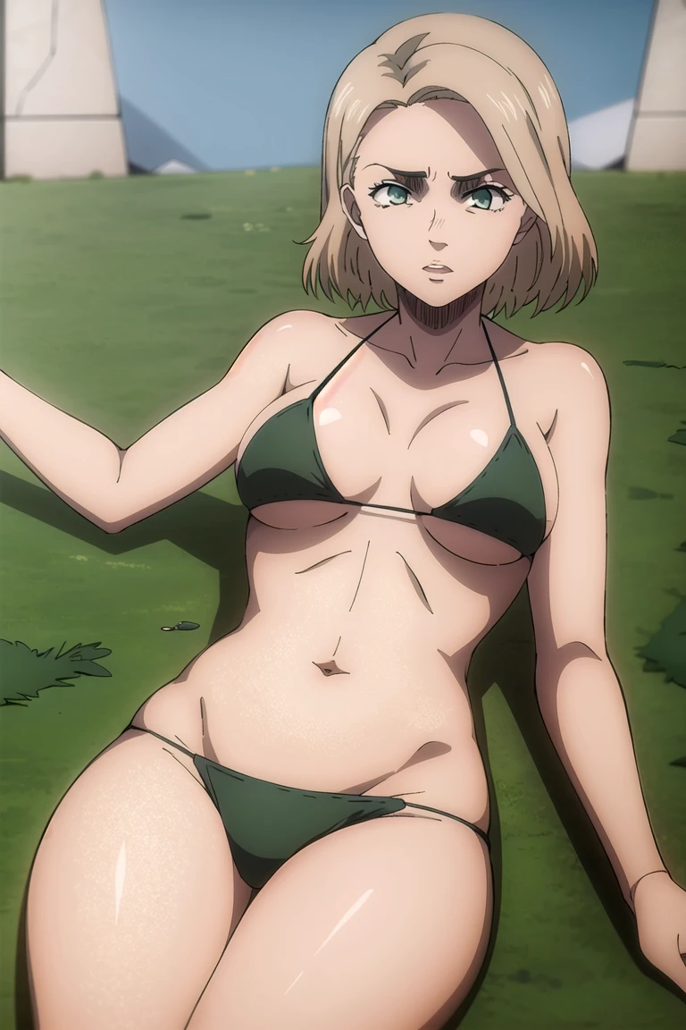 masterpiece, best quality, extremely detail 8k cg, high resolution, 1girl, hitch dreyse, blonde hair, emerald eyes, thin body, huge breasts, thigh gap, bikini top, bikini bottoms, embarrassed look, blush, indoors, bath house, beautiful face, medium full shot