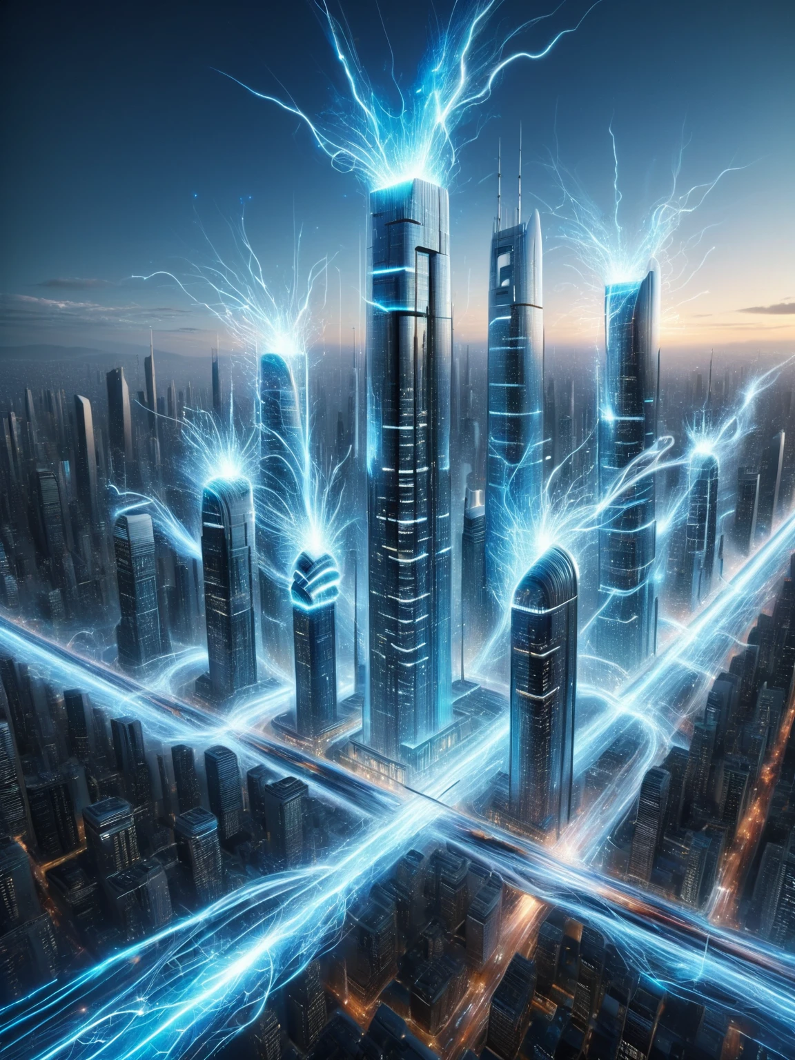 A futuristic city skyline at twilight, where traditional lights are replaced by ais-sparkz, creating a dynamic interplay of electrical energy and urban architecture. Skyscrapers adorned with ais-sparkz, flying vehicles leaving trails of ais-sparkz <lora:Sparks_Style_SDXL:1>