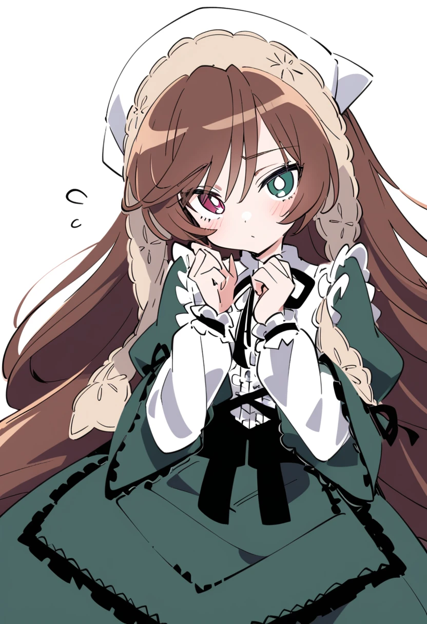 1girl, suiseiseki, style:ixy, solo, long hair, white pupils, bright pupils, white background, heterochromia, brown hair, red eyes, long sleeves, looking at viewer, simple background, green dress, dress, very long hair, green eyes, frills, black ribbon, closed mouth, blush, ribbon, hands up, white headwear, bangs, masterpiece, best quality, late, <lora:char - suiseiseki - v1 - bionagato:1>