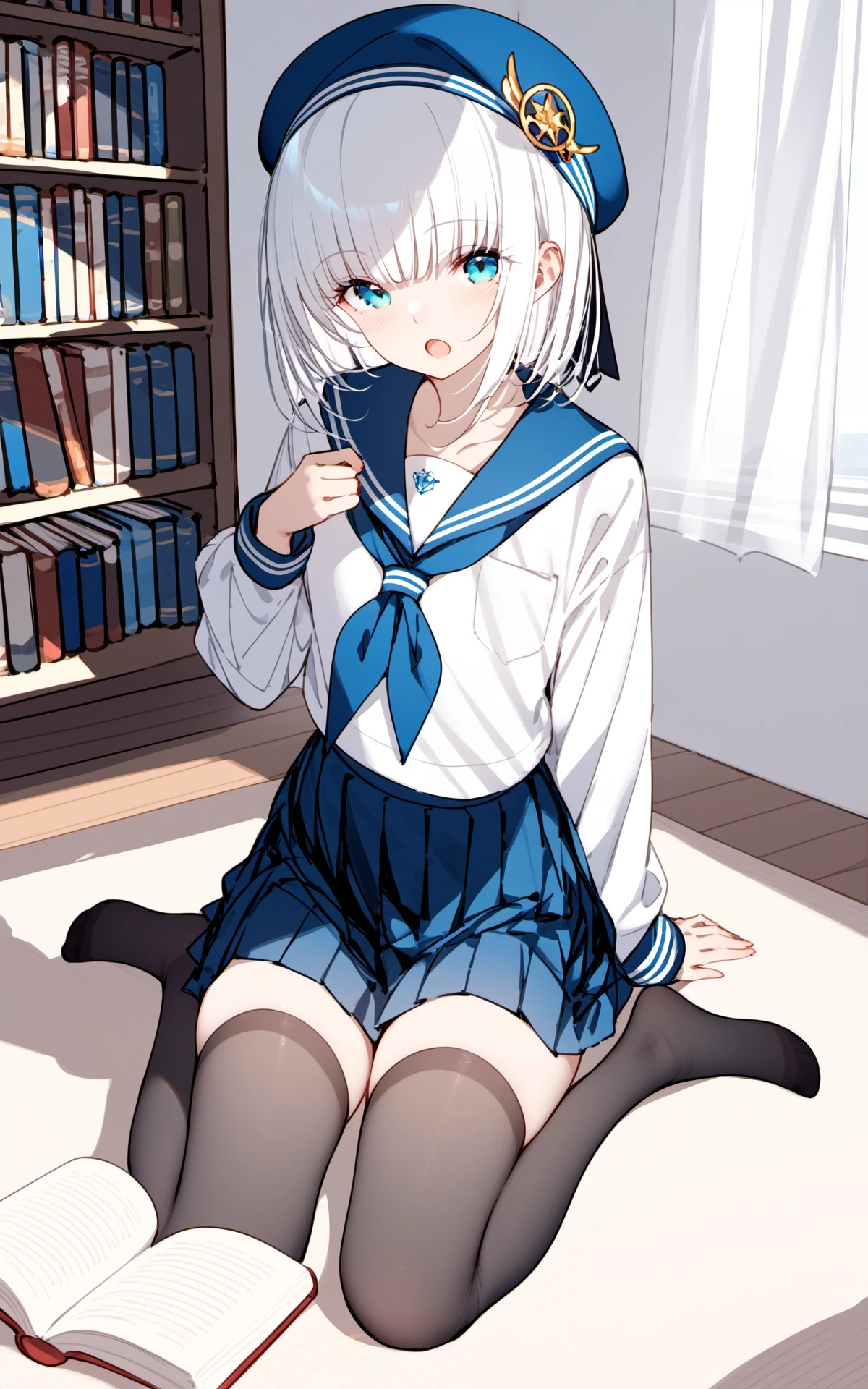 (Masterpiece, Slim Body, Delicate Fingers: 1.2), Best Quality, (Illustration: 1.2), (Hyper Detail), Eye Focus, Ultra Detail, (Fine Detail), (Intricate Detail), HDR, (Ultra Detail: 1.15), (Soft Light: 1.2), 1girl, ((School_uniform), (sailor_suit), (short_blue_pleated_skirt), (white_pantyhose:1.2) long sleeve shirt, (White hair and blue highlights),cyan eyes, medium, short hair, solo, (medium breasts:1.2), masterpiece, (blushing:1.3), best quality, highly detailed, fullbody image, kwaii, (crotch rub:1.5), (table humping:1.5), (table masturbation:1.5), (panting:1.2), (blushing:1.3), (moaning:1.5), (pussy juice:1.5), (wet pussy:1.5), (table:1.5), lifting, (perfect hands, perfect anatomy),(skirt lifting:1.5)