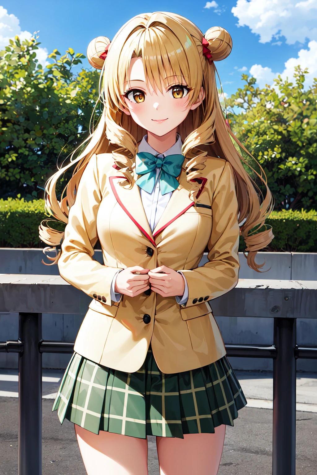 masterpiece, best quality, highres, 1girl, solo, long hair, blonde hair, double bun, drill hair, brown eyes, school uniform, green bowtie, blazer, yellow jacket, long sleeves, plaid skirt, green skirt, <lora:tenjouin_saki_v1:0.7>, standing, cowboy shot, outdoors, smile,