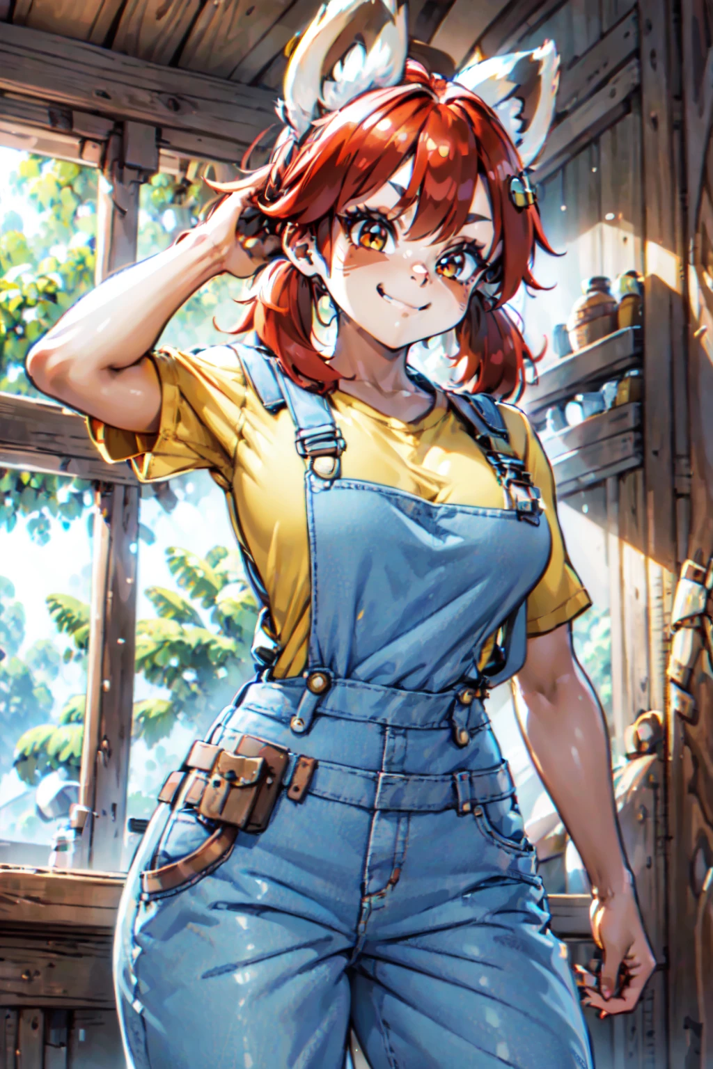 a woman standing in a workshop holding a hammer, beautiful eyes, beautiful girl, high detail skin, high detail eyes, high detail hair, highres, ultra detailed, sharpen picture, Highly detailed, masterpiece, best quality, photorealistic, <lora:Nonav2LoRA:1> red_panda_girl, 1girl, short red hair, bangs, furry female, goggles on head, body fur, animal ear fluff, bangs, twintails, tail, fangs, claws, yellow shirt, overalls, belt, black nails, smile