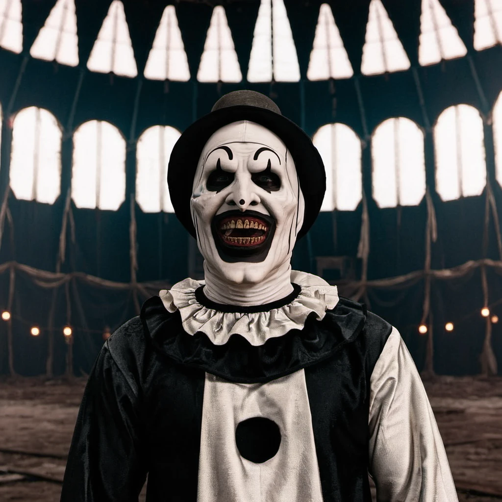 cinematic photo a scary man in an abandoned scary circus <lora:Art1024:0.8> . 35mm photograph, film, bokeh, professional, 4k, highly detailed
