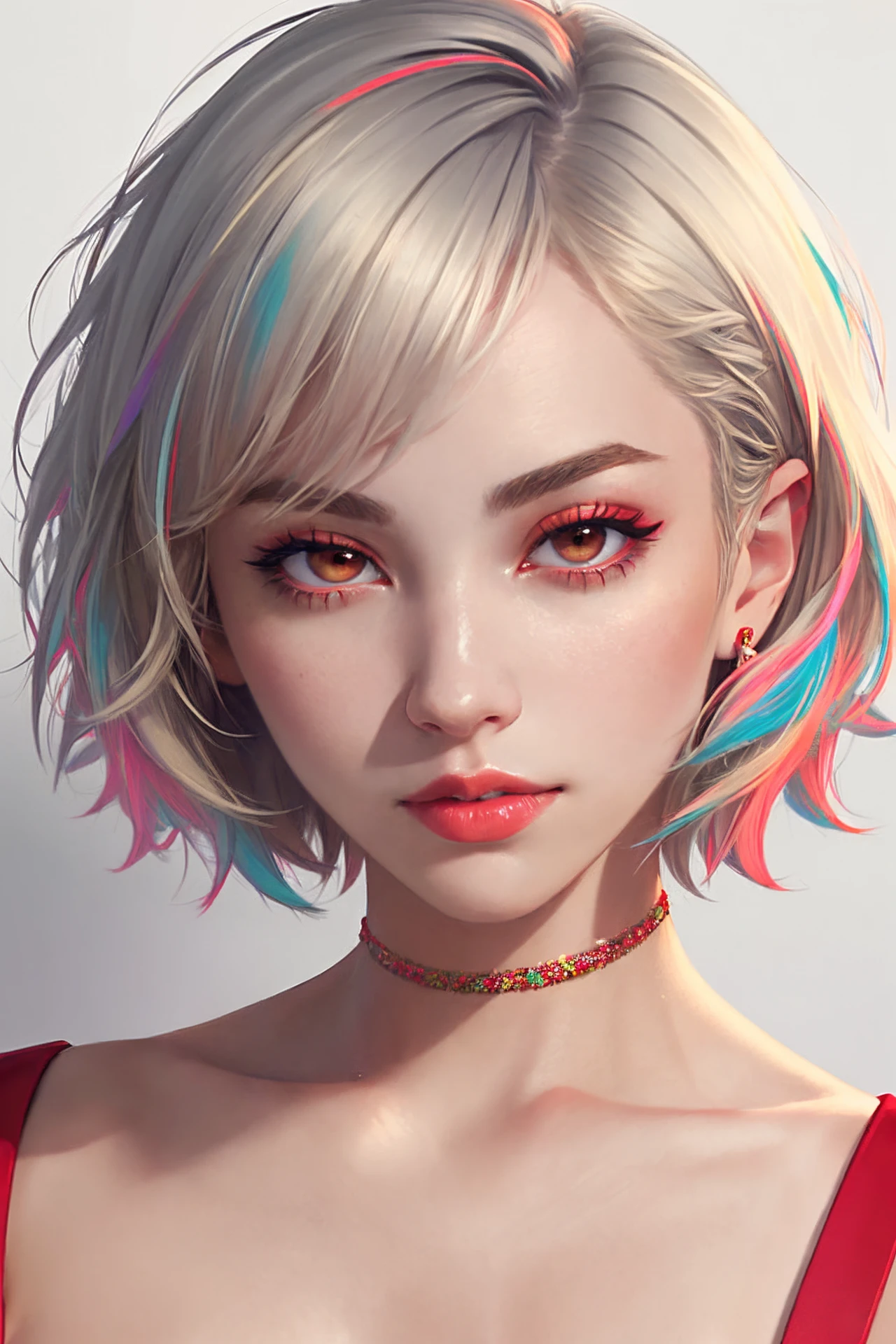 1girl, solo, upper body, looking at viewer, white background, bob cut, short hair, multicolored hair, makeup, parted lips, red lips, eyeliner, portrait of bbhollyy <lora:bbhollyyv3:1>