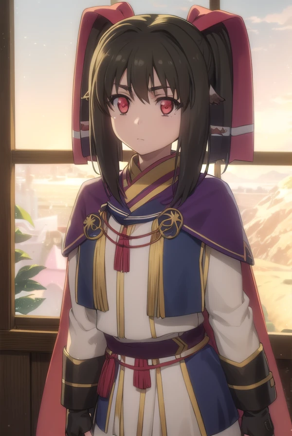 utawarerumononekone, <lora:utawarerumono nekone s2-lora-nochekaiser:1>,
nekone, long hair, brown hair, (red eyes:1.3), ribbon, animal ears, twintails, hair ribbon, mole, mole under eye,
BREAK tail, cape, robe, capelet, long sleeves,
BREAK outdoors,
BREAK looking at viewer, (cowboy shot:1.5),
BREAK <lyco:GoodHands-beta2:1>, (masterpiece:1.2), best quality, high resolution, unity 8k wallpaper, (illustration:0.8), (beautiful detailed eyes:1.6), extremely detailed face, perfect lighting, extremely detailed CG, (perfect hands, perfect anatomy),