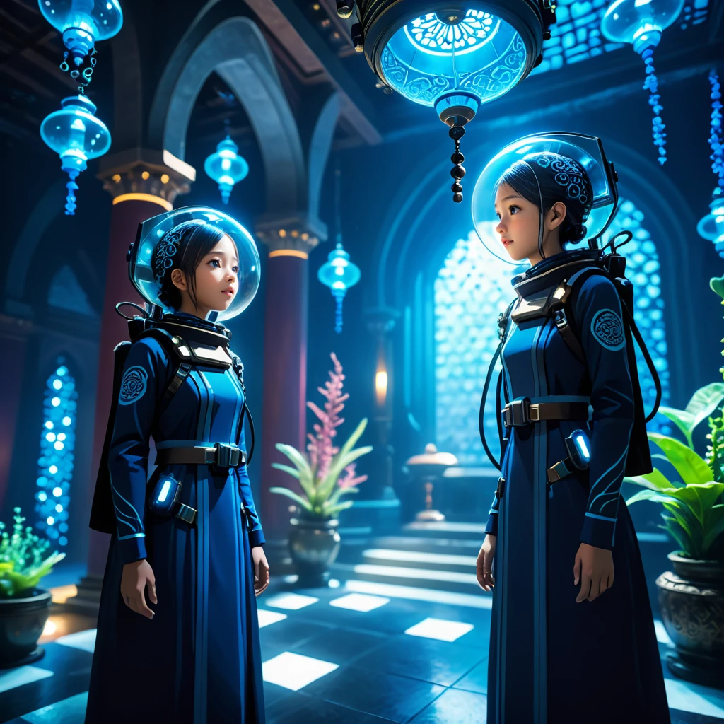 (best quality, masterpiece, absurdres, highres, ultra_detailed, dynamic angle:1.2), photography of (multiple boys, multiple girls:1.4), monks, colorful ornate diving bodysuit, lama scuba helmet, glowing cybernetics, long robe woven with celestial patterns, (underwater:1.2), mosque interior, sea plants, bioluminescence, futuristic, sci-fi, (intricate details, hyperdetailed:1.15), (ultrahigh resolution textures), bokeh, (volumetric, cinematic, dim blue) lighting, caustics, depth of field, <lora:lama_scuba_helmet-xl-v2-000012:0.5>, <lora:EnvyScifiStreamlineXL01:0.01>, <lora:EnvyArabicArchitectureXL01:0.1>