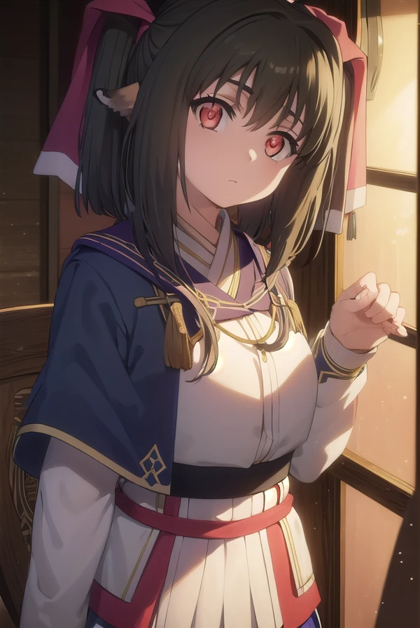 utawarerumononekone, <lora:utawarerumono nekone s2-lora-nochekaiser:1>,
nekone, long hair, brown hair, (red eyes:1.3), ribbon, animal ears, twintails, hair ribbon, mole, mole under eye,
BREAK tail, cape, robe, capelet, long sleeves,
BREAK outdoors,
BREAK looking at viewer, (cowboy shot:1.5),
BREAK <lyco:GoodHands-beta2:1>, (masterpiece:1.2), best quality, high resolution, unity 8k wallpaper, (illustration:0.8), (beautiful detailed eyes:1.6), extremely detailed face, perfect lighting, extremely detailed CG, (perfect hands, perfect anatomy),