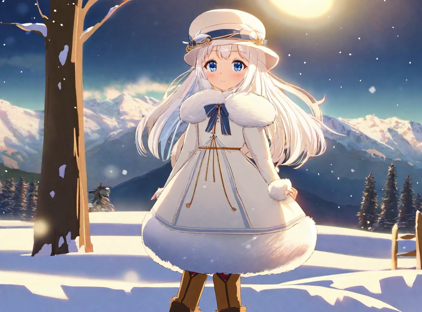 a young girl with long white hair and blue eyes. She is wearing a white dress with a fur trim and a white hat. She is also wearing brown boots. The girl is standing in a snowy landscape. There are mountains in the background and snow-covered trees in the foreground. The sun is shining brightly and there is a light snow falling. The girl is looking at the mountains. She has a peaceful expression on her face