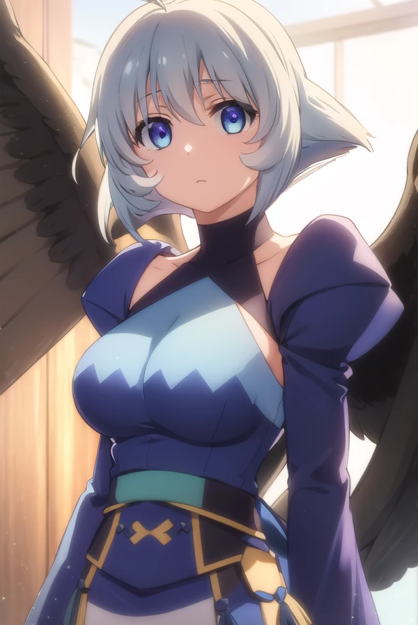 utawarerumonokamyu, <lora:utawarerumono kamyu s2-lora-nochekaiser:1>,
kamyu, short hair, blue eyes, ahoge, antenna hair,
BREAK dress, wings, black wings, blue dress, long sleeves, puffy sleeves,
BREAK outdoors,
BREAK looking at viewer, (cowboy shot:1.5),
BREAK <lyco:GoodHands-beta2:1>, (masterpiece:1.2), best quality, high resolution, unity 8k wallpaper, (illustration:0.8), (beautiful detailed eyes:1.6), extremely detailed face, perfect lighting, extremely detailed CG, (perfect hands, perfect anatomy),