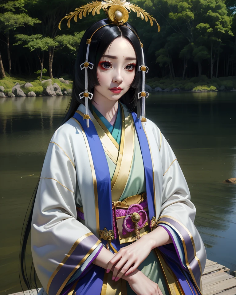 Kaguya,black eyes,black hair,long hair,pale skin,blunt bangs,makeup,forehead,
white dress,gold jewelry,tall headpiece,
standing,
springs,lake,japanese forest,
(insanely detailed, masterpiece, best quality),<lora:Kaguya:0.9>,