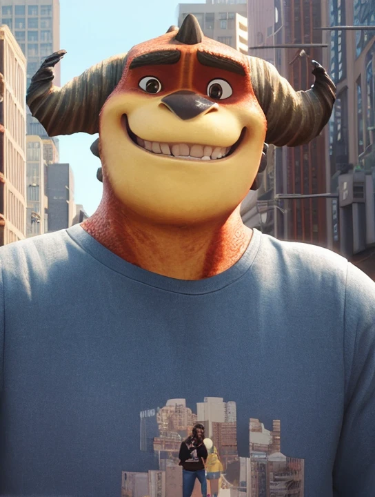 <lora:rayburn_rumble_01-step00000500:0.8>, rayburnmonster, jeans, tshirt, downtown, city sidewalk, sunny day, medium shot, smile