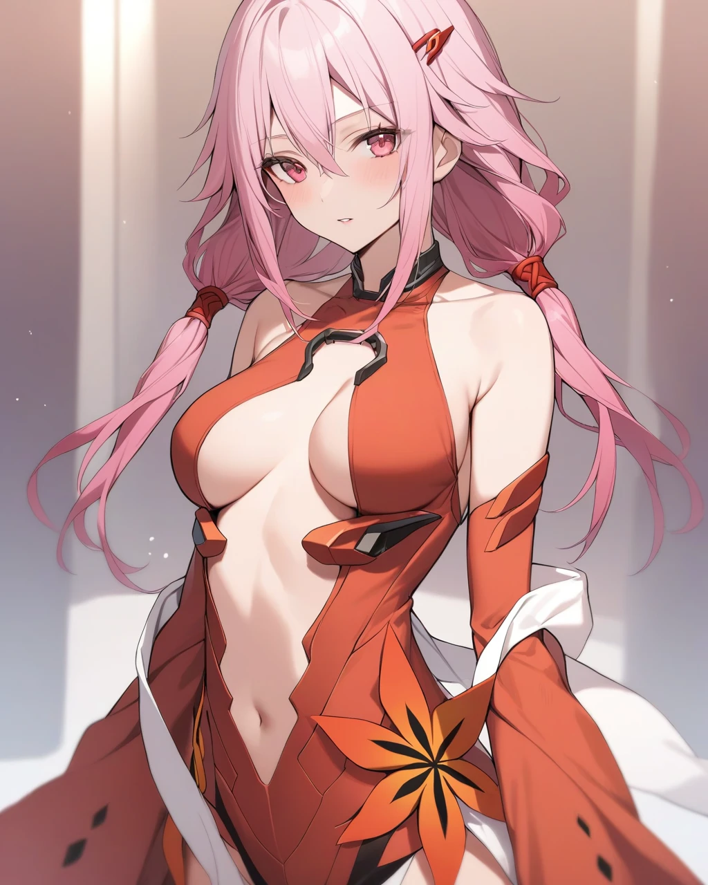 masterpiece, best quality, very aesthetic, absurdres, 1girl, mature_lady, ,,yuzuriha_inori(guilty_crown), guilty_crown, 1girl, floating_hair, low_twintails, hair_ornament, linea_alba, long_hair, medium_breasts, pink_hair, red_eyes, bare_shoulders, narrow_waist, navel, black_pantyhose, red_thong, red_and_orange_clothes, floating_clothes, open_clothes, Splited skirt hem, very_long_skirt_hem, detached_sleeves, very_long_sleeves, fingerless_gloves,,in gym,floating_clothes,areola_slip
