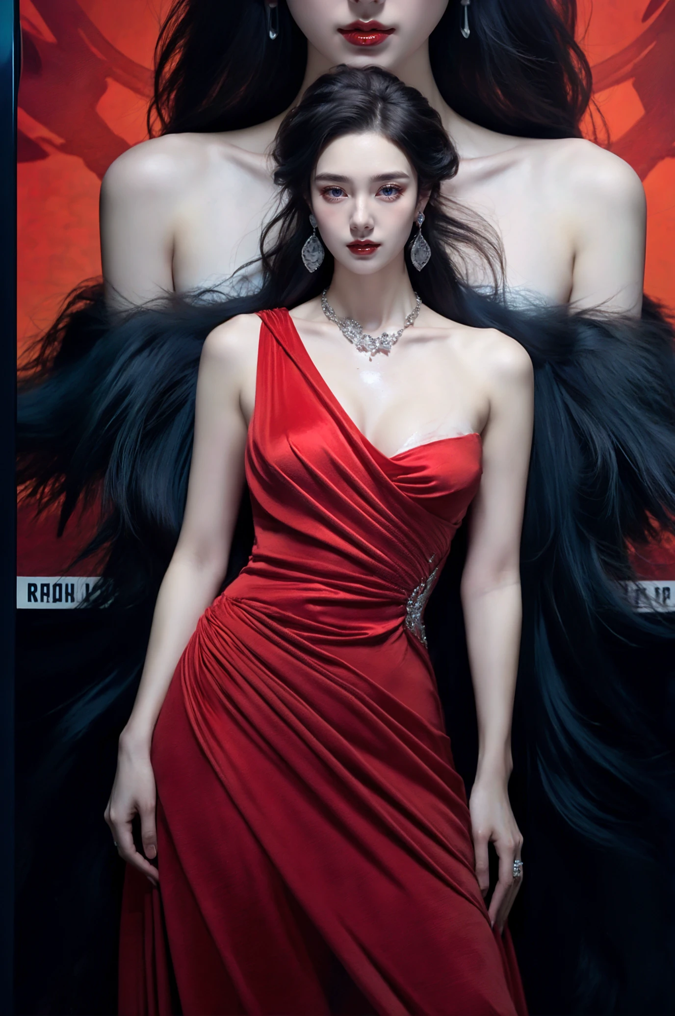 1girl, soloexposed collarbone, exposed shoulders(Milky skin:1.2), (shiny skin:1.4)blue eyes
jewelrynecklaceearringsmakeup(red dress:1.3)(full body:0.6),
A shot with tension(Visual impact,giving the poster a dynamic and visually striking appearance:1.2),
<lora:~Q?-[TV2 xuer peacock feather:0.8>