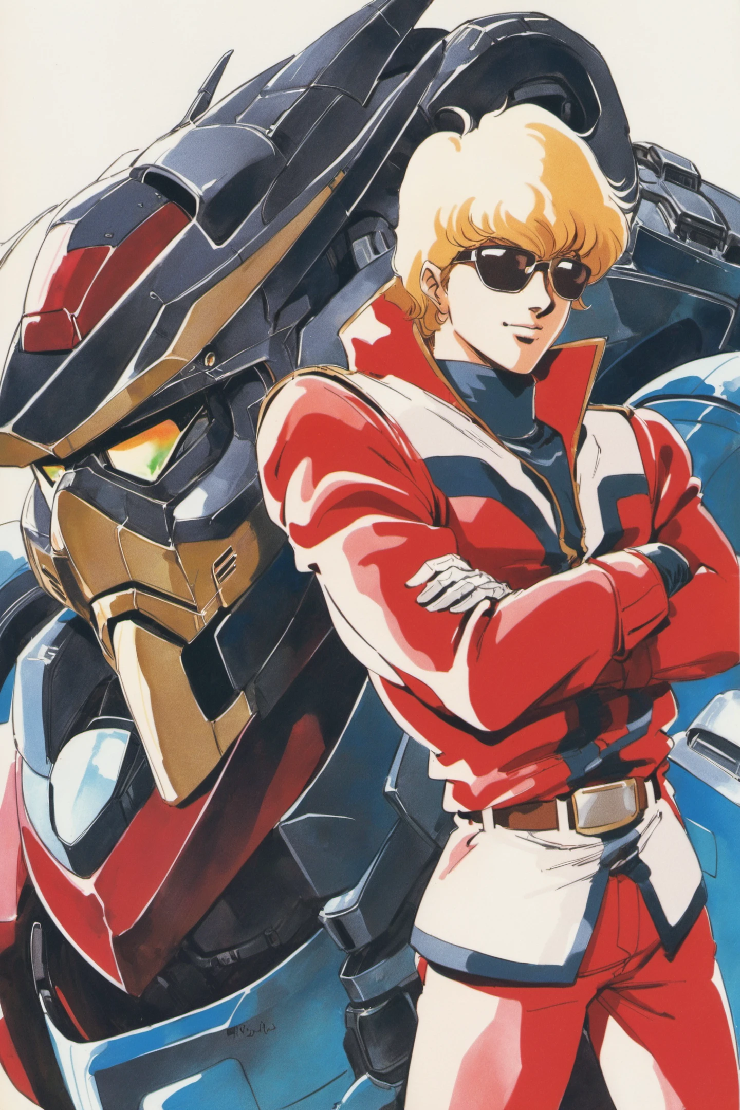 1boy, mecha, blonde hair, robot, male focus, uniform, gloves, sunglasses, military, crossed arms, military uniform, belt, white background, red pants, solo, retro artstyle, 1980s (style), traditional media, <lora:Haruhiko Mikimoto_XL:0.8>