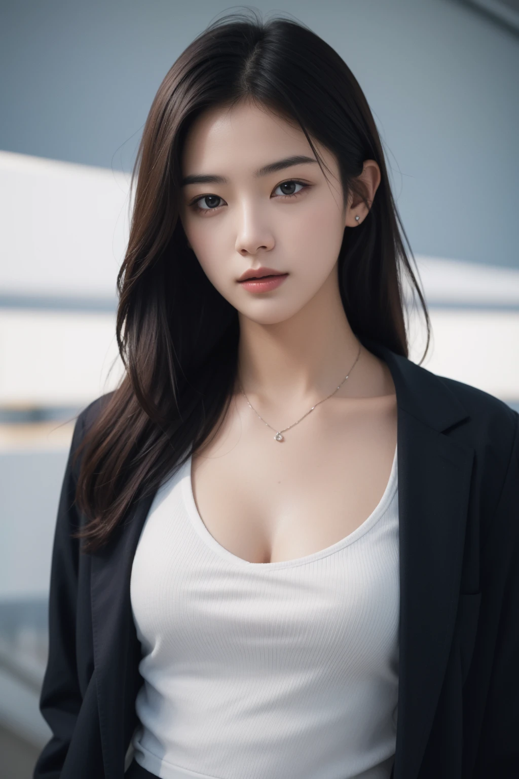 Slender Asian girl, kpop idol, ((school uniform)), ((top quality, 8k, masterpiece: 1.3)), crisp focus: 1.2, beautiful woman with perfect figure: 1.4, ighly detailed face and skin texture, detailed eyes, skinny, beautiful face, symmetrical face, full-length, slightly naked, sexy, boobs are visible