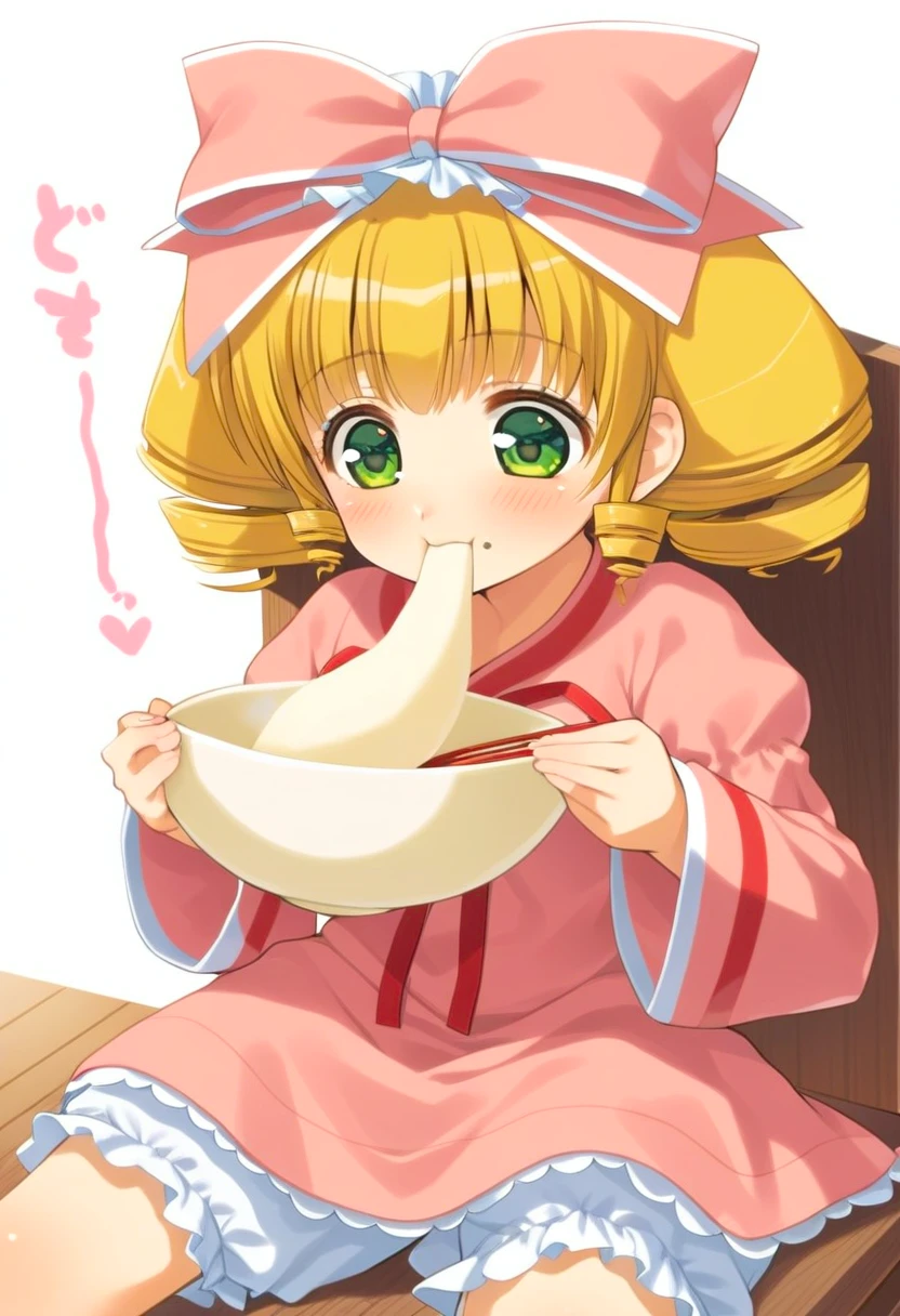 1girl, hinaichigo, solo, pink bow, blonde hair, bow, eating, food, green eyes, hair bow, drill hair, dress, ribbon, underwear, sitting, mochi, bloomers, high quality, late, <lora:char - hinaichigo - v1 - bionagato:1>