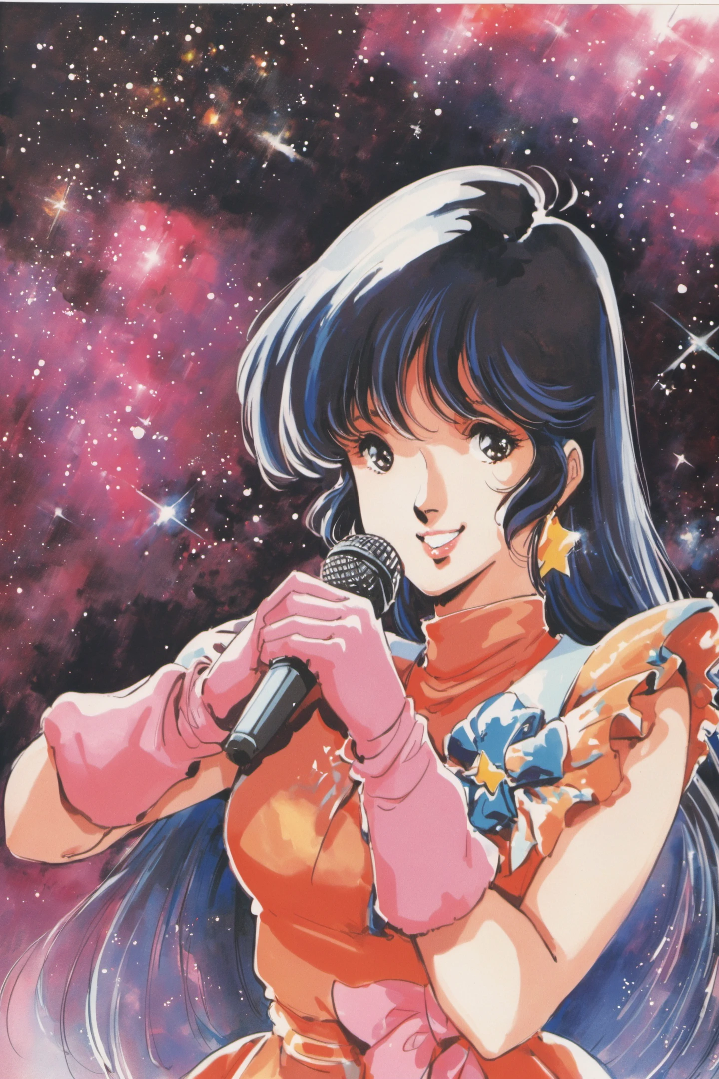 1girl, solo, long hair, black hair, microphone, gloves, jewelry, earrings, retro artstyle, 1980s (style), holding, space, black eyes, looking at viewer, holding microphone, smile, upper body, star (symbol), pink gloves, star (sky), very long hair, traditional media, watercolor (medium),<lora:Haruhiko Mikimoto_XL:0.8>