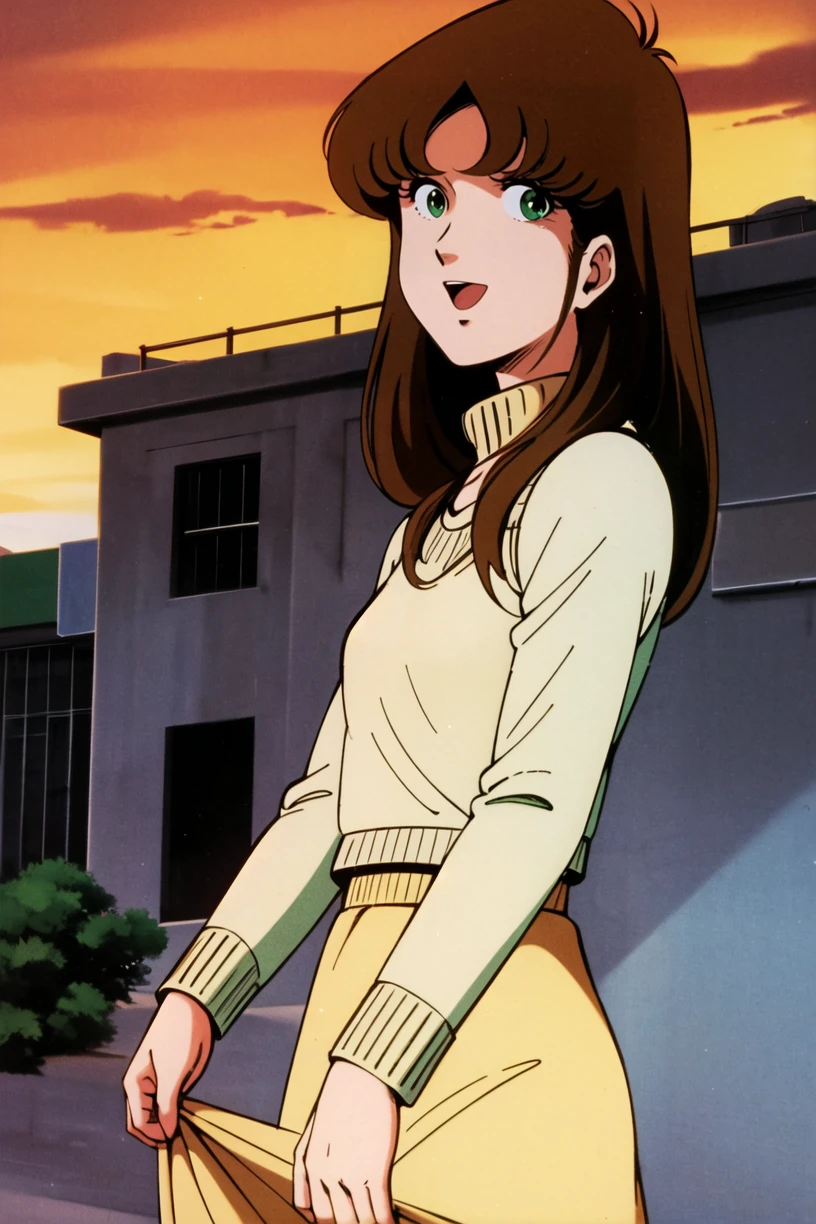 masterpiece,best quality,highres,<lora:Hayase Misa:0.6>,Hayase Misa,brown long hair,green eyes,1girl,solo,1980s \(style\),retro artstyle,cowboy shot,futoshi slim,looking at viewer,open mouth,building,sky,day,sweater,long sleeves,long skirt,smile,
