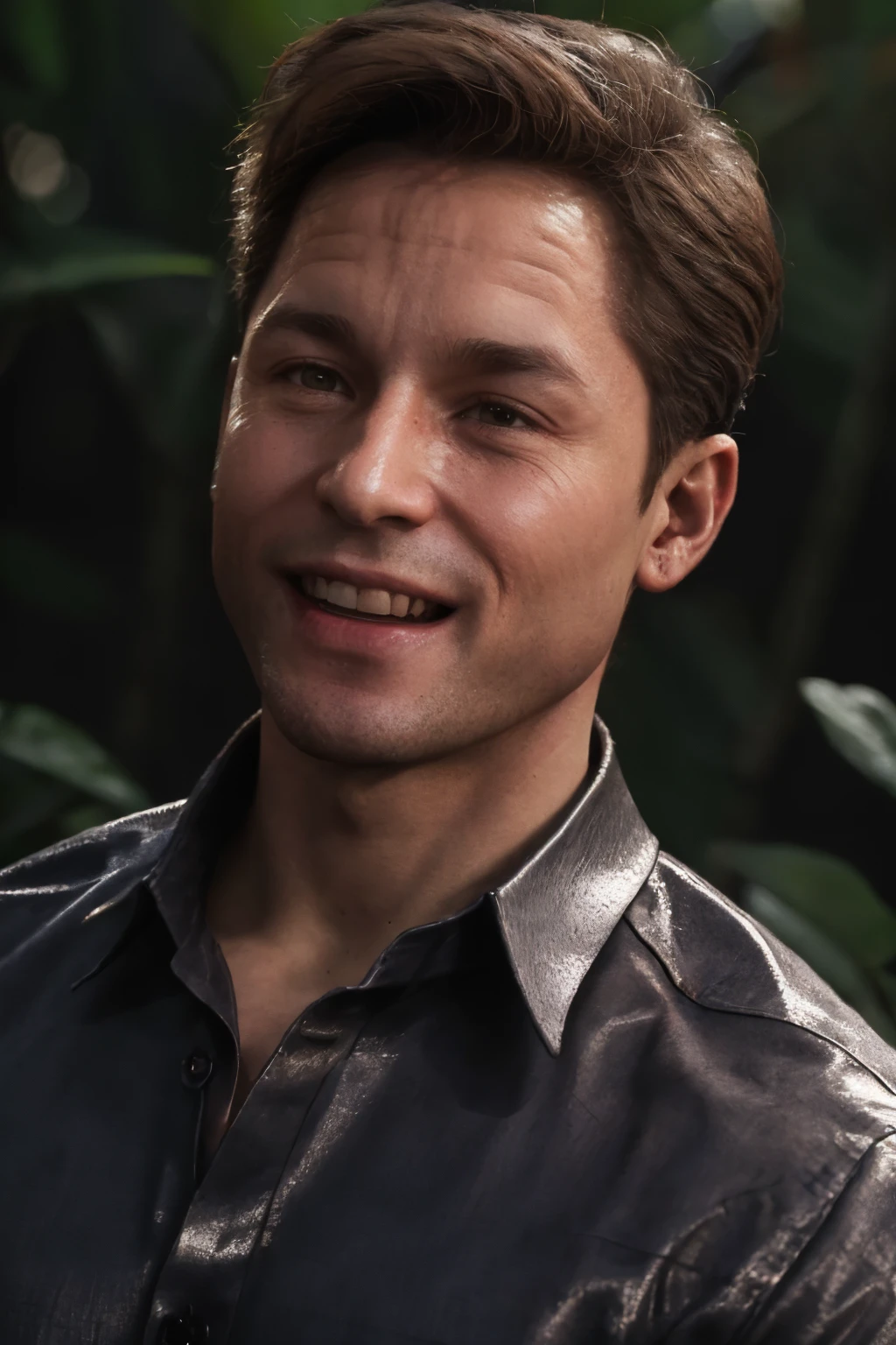 realistic image of Johnny Cage,  1man,  collared shirt,  ready for battle,  grin,  blood on face,  simple background,  jungle, 
Handsome man,  full body,  photorealistic,  best quality,  real life,  RAW,  without noise,  clear,  high_resolution,  8K masterpiece,  photograph,  soft lighting,  realistic skin,  extremely detailed,  soft natural light,  reflected light,  highly detailed,  professional photography,  ultra sharp focus,  tetradic colors, johnny_cage_mk1,<lora:EMS-276104-EMS:0.800000>